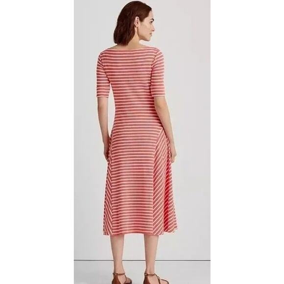 Lauren Ralph Lauren Orange White Stripe Midi T-Shirt Fit & Flare Dress Size: M - Picture 3 of 7